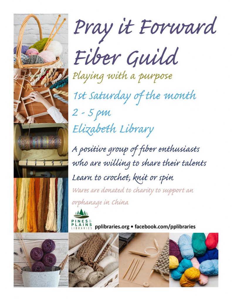 Pray it Forward Fiber Guild flyer with yarn and fiber craft images