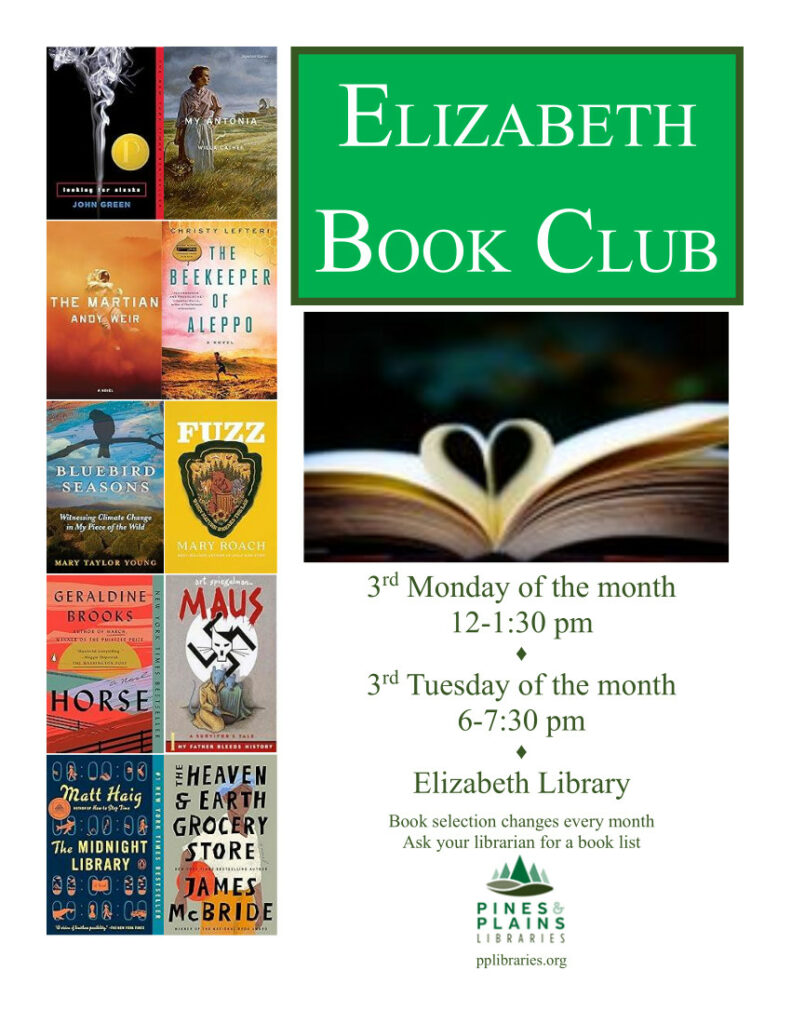 Elizabeth Book Club 3rd Monday 12-1:30 pm, 3rd Tuesday 6-7:30 pm at Elizabeth Library